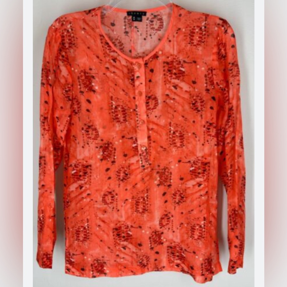 Theory | Coral Orange Splatter Abstract Print| Half Button Top | size medium
